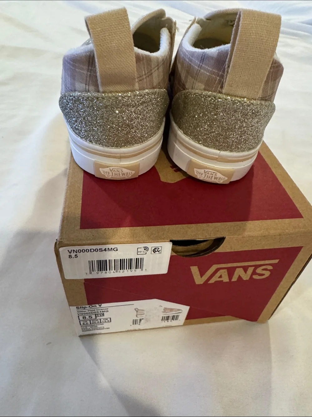 Vans Kids Slip-On V Sneakers in Gold Glitter and Pink Plaid 8.5 Toddler